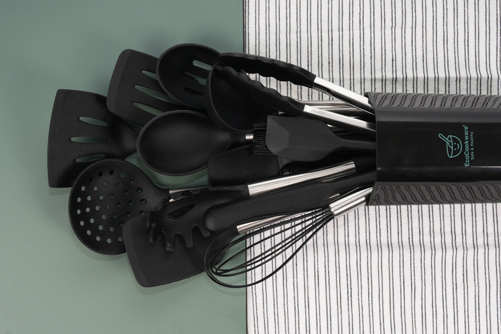 EcoCookware 15-delige set siliconen & RVS keukengerei - Zwart - PFAS- en BPA-vrij - Vaatwasserbestendig - Premium kwaliteit