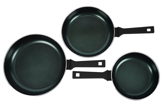 Pentole Agnelli AlBlack Elite - Set Gran Cucina - 3 koekenpannen / hapjespannen Ø 24 + 28 + 32 cm - Scarabeo Groen | PFAS-vrij