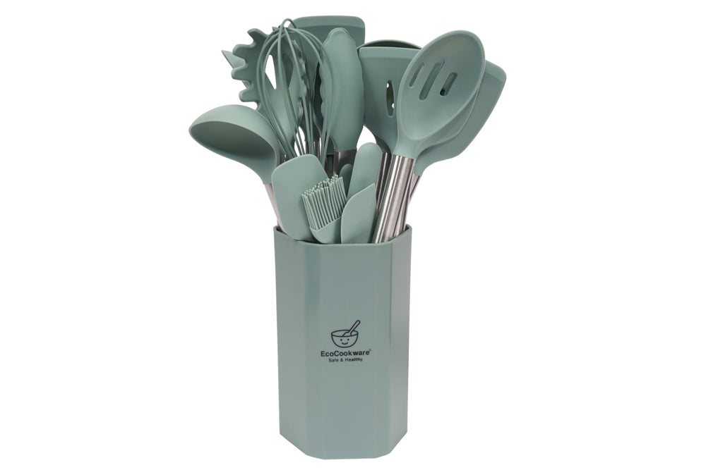 EcoCookware 15-delige siliconen & RVS keukengerei set - Sage Green -PFAS- en BPA-vrij - vaatwasserbestendig - Premium kwaliteit
