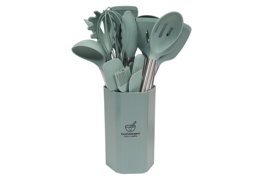 EcoCookware 15-delige siliconen & RVS keukengerei set - Sage Green -PFAS- en BPA-vrij - vaatwasserbestendig - Premium kwaliteit
