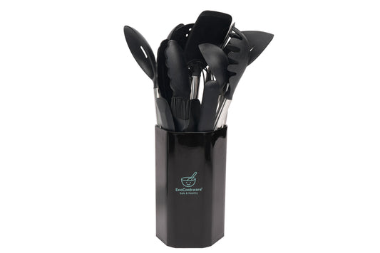 EcoCookware 15-delige set siliconen & RVS keukengerei - Zwart - PFAS- en BPA-vrij - Vaatwasserbestendig - Premium kwaliteit