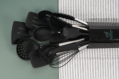 EcoCookware 15-delige set siliconen & RVS keukengerei - Zwart - PFAS- en BPA-vrij - Vaatwasserbestendig - Premium kwaliteit