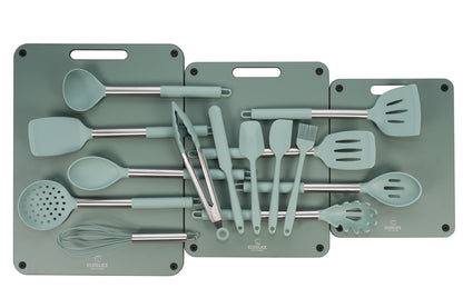 EcoCookware 15-delige siliconen & RVS keukengerei set - Sage Green -PFAS- en BPA-vrij - vaatwasserbestendig - Premium kwaliteit