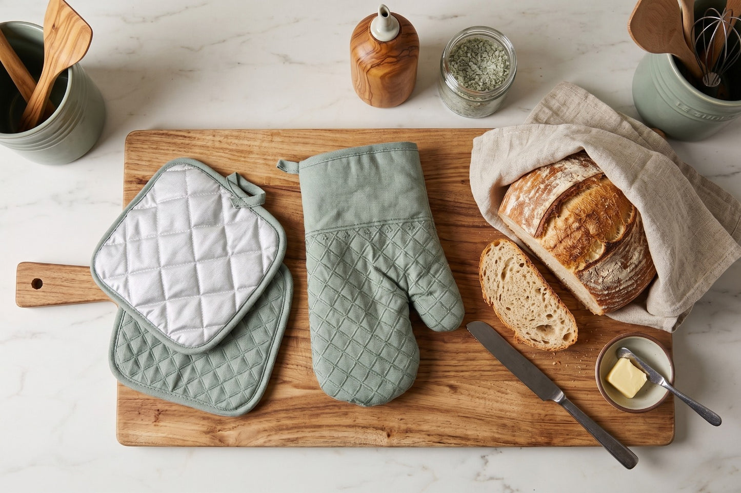 Ovenwant met pannenlappen - saliegroen - antislip grip - veilig en comfortabel koken